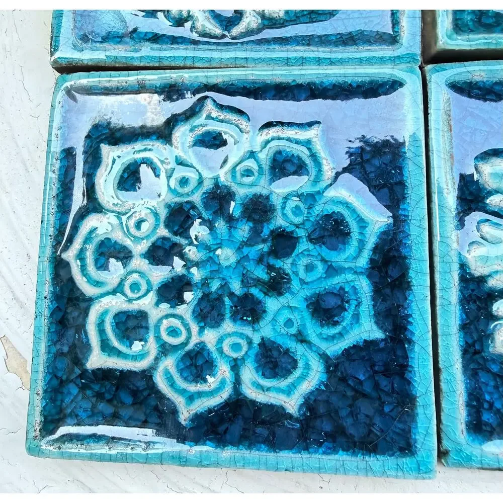 Vintage Handmade Turquoise Raku Tiles 4x4 - Set of 4 Relief Molded Crackle Glaze
